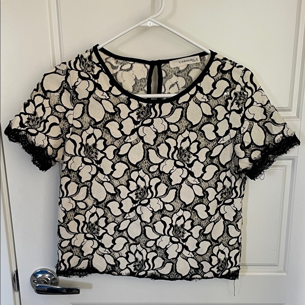 Caramel Black Lace Floral Short Sleeve Top with Cream Underlay
